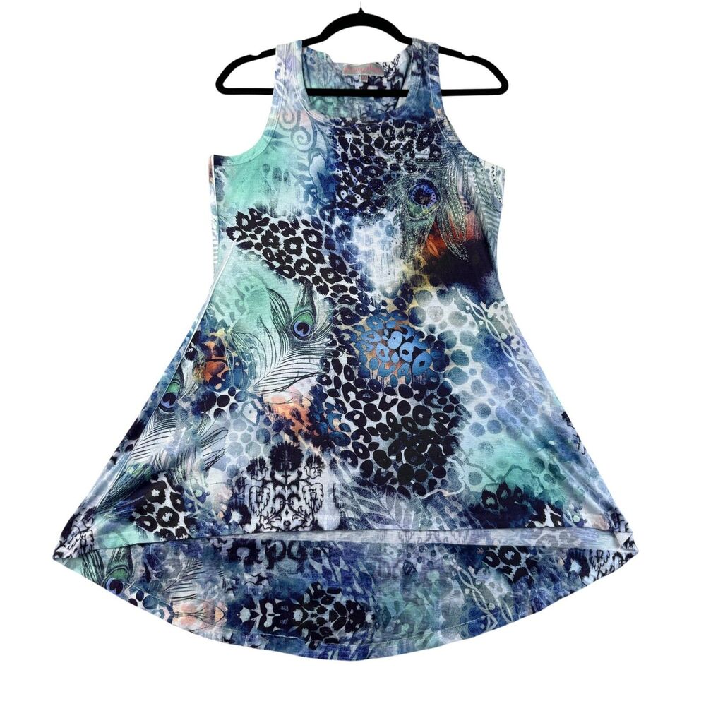 Pretty Angel Dress Women's Medium Blue Green High-Low Sleeveless Stretch Leopard
